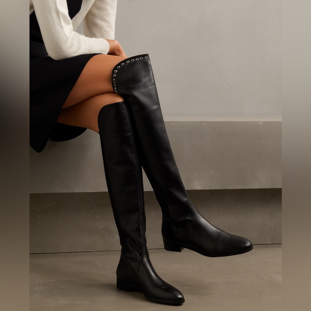 L.K. Bennett Joanne Leather Knee High Tall Riding Boots Black Stretch Sz 42